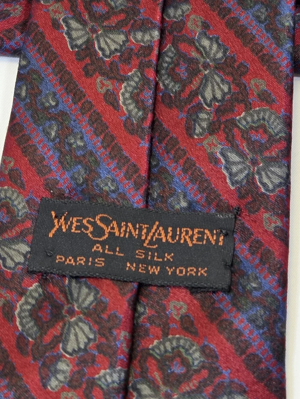 Vintage Yves Saint Laurent 100% Silk Skinny Burgundy Floral Designer Tie